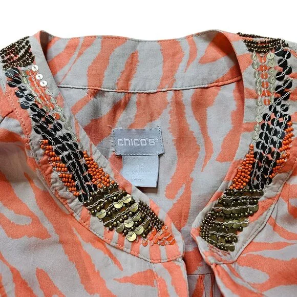 Chico's Embellished Neck Tunic Women's SZ 2P 12/14 Large Zebra Nectarine Blouse - Picture 8 of 14